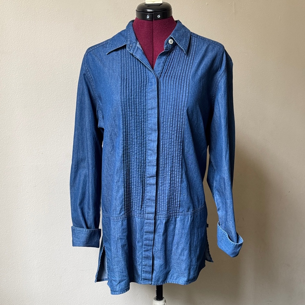 Liz Claiborne Blue Long Sleeve Cotton Chambray Pleated Shirt Tunic